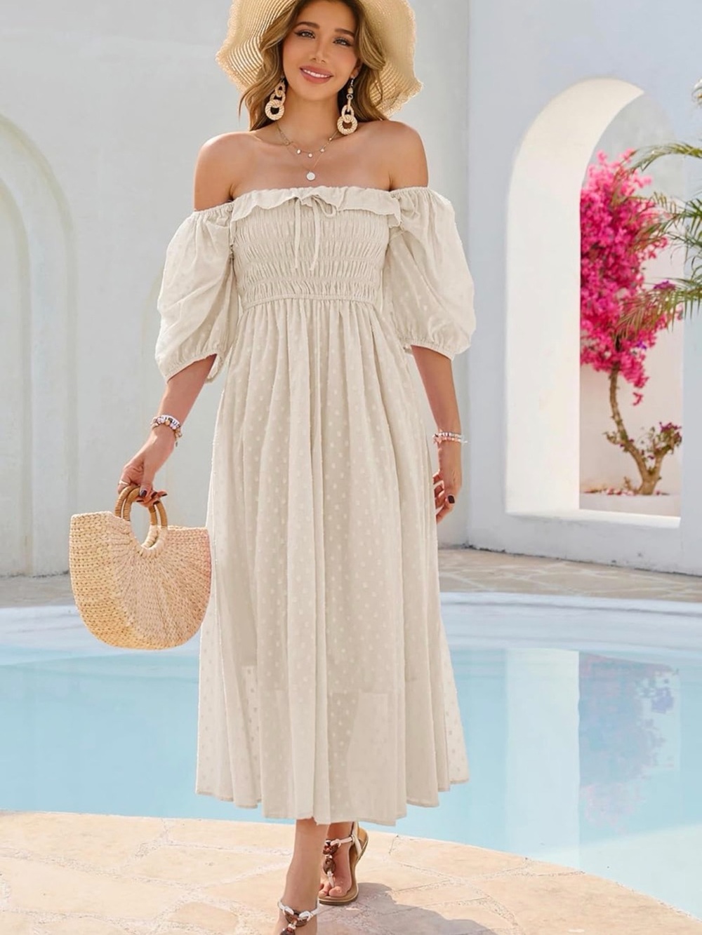 Off-Shoulder Cream Midi Dress - Elegant Summer Style